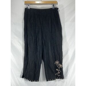 Erika 55% linen Blend embroidered floral high waisted cropped pants Size Large
